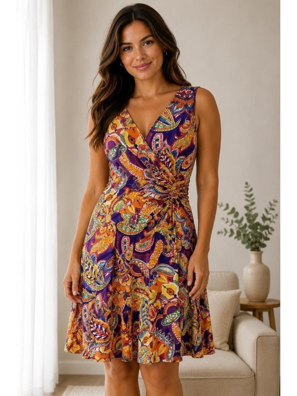 Ralph Lauren Paisley Twist-Waist Midi Dress in Purple and Orange